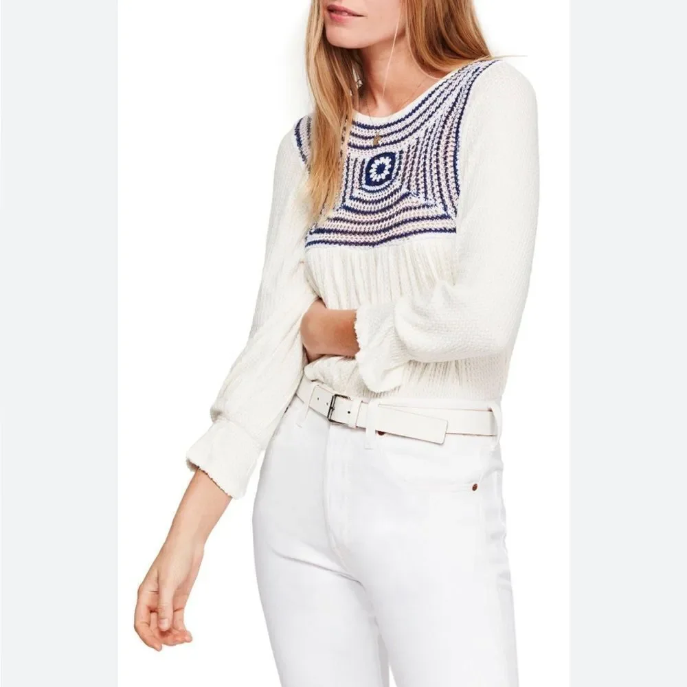 Free People Soul Mate Knit Hi-Lo Thermal Long Sleeve Top, Blue/White, Size Small
